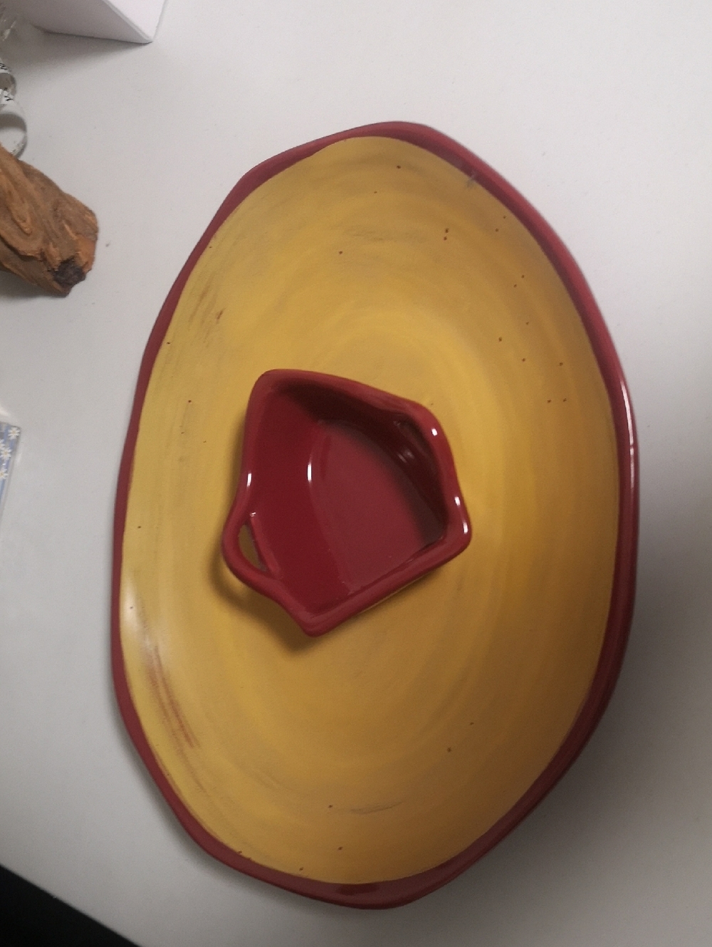 Maxwell Canada Pottery Serving Dish & Boat Shaped Dip Bowl Mustard Yellow & Red